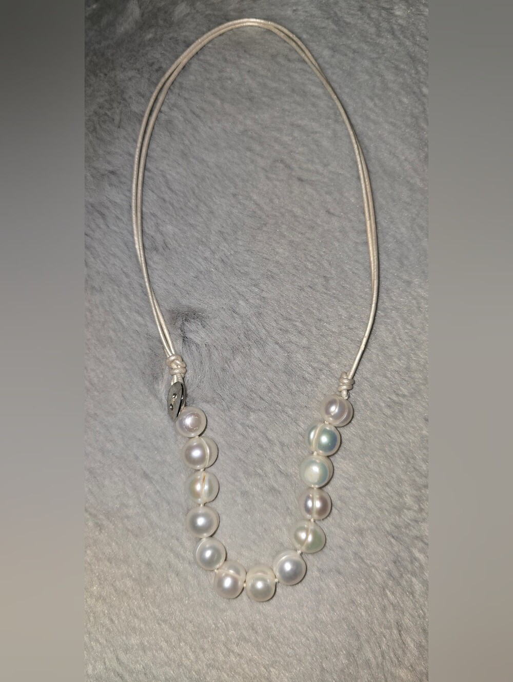 Artisan Freshwater Pearl Leather Cord Bar Necklace Mother of Pearl Button